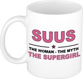 Naam cadeau Suus - The woman, The myth the supergirl koffie mok / beker 300 ml - naam/namen mokken - Cadeau voor o.a verjaardag/ moederdag/ pensioen/ geslaagd/ bedankt