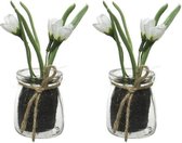 4x Witte Crocus/krokusjes kunstplanten 15 cm in glazen pot - Kunstplanten/nepplanten -  Pasen/voorjaar versiering/decoratie