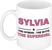 Naam cadeau Sylvia - The woman, The myth the supergirl koffie mok / beker 300 ml - naam/namen mokken - Cadeau voor o.a verjaardag/ moederdag/ pensioen/ geslaagd/ bedankt