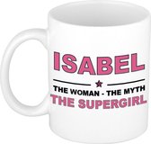 Naam cadeau Isabel - The woman, The myth the supergirl koffie mok / beker 300 ml - naam/namen mokken - Cadeau voor o.a verjaardag/ moederdag/ pensioen/ geslaagd/ bedankt
