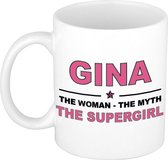 Naam cadeau Gina - The woman, The myth the supergirl koffie mok / beker 300 ml - naam/namen mokken - Cadeau voor o.a  verjaardag/ moederdag/ pensioen/ geslaagd/ bedankt