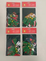 Cadeauversiering kaartjes met decoratie (diverse designs) - set van 4 keer 6 stuks (groen/rood/roze)