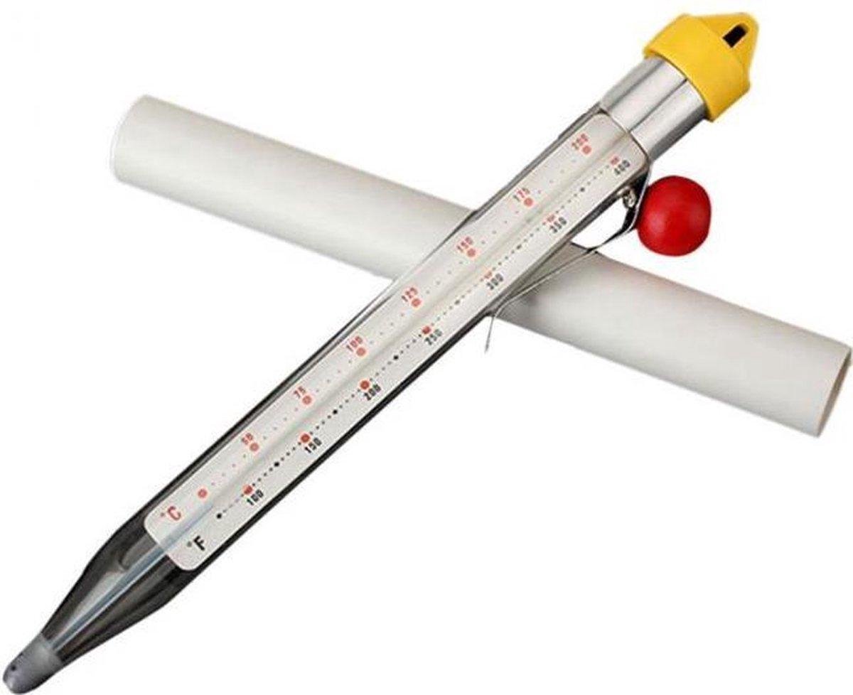 LOUZIR Multifunctionele Kookthermometer - Suikerthermometer / Frituurthermometer / Kernthermometer / Keukenthermometer Voedselthermometer - Extra Lang Met Metalen Klem Bevestiging - Meetbereik 50 - 200 Graden Celcius
