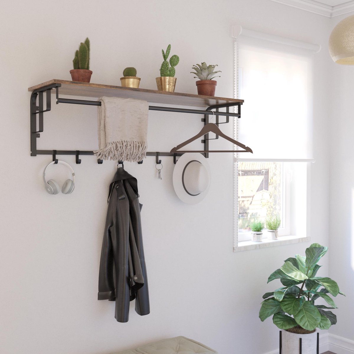 PHMING Veelzijdige Muurkapstok met Planchet, Hakenleiste Garderobe Zwart Eenvoudig, Wandhaken Garderobe met Schroeven en Schroevendraaier, Verborgen Haak, voor Slaapkamers en Gangen