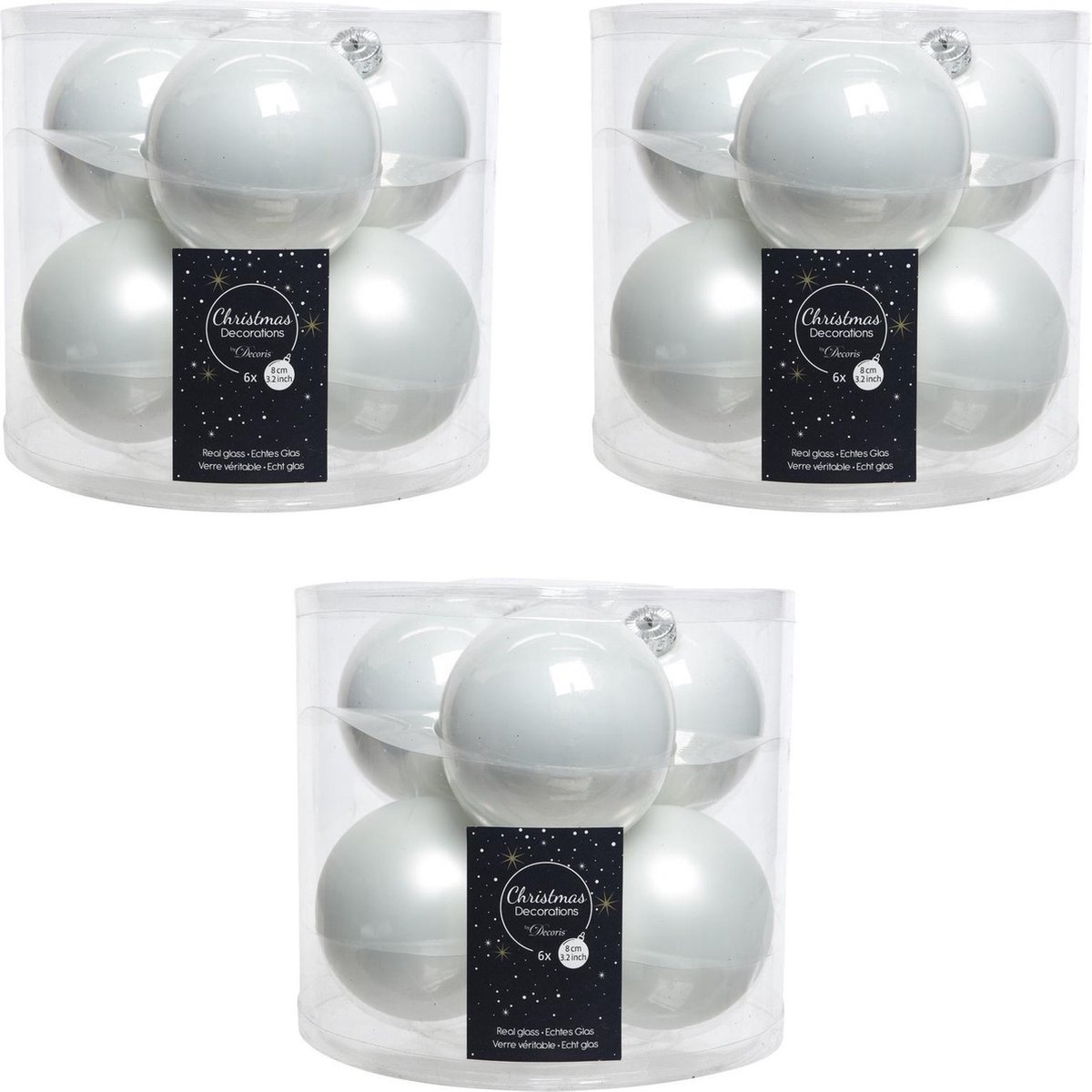 18x Winter witte glazen kerstballen 8 cm - glans en mat - Glans/glanzende - Kerstboomversiering winter wit