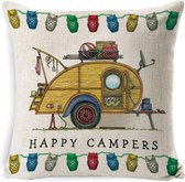 Kussenhoes met Caravan opdruk | Linnen kussenhoes | Gele Caravan | 45 x 45 cm