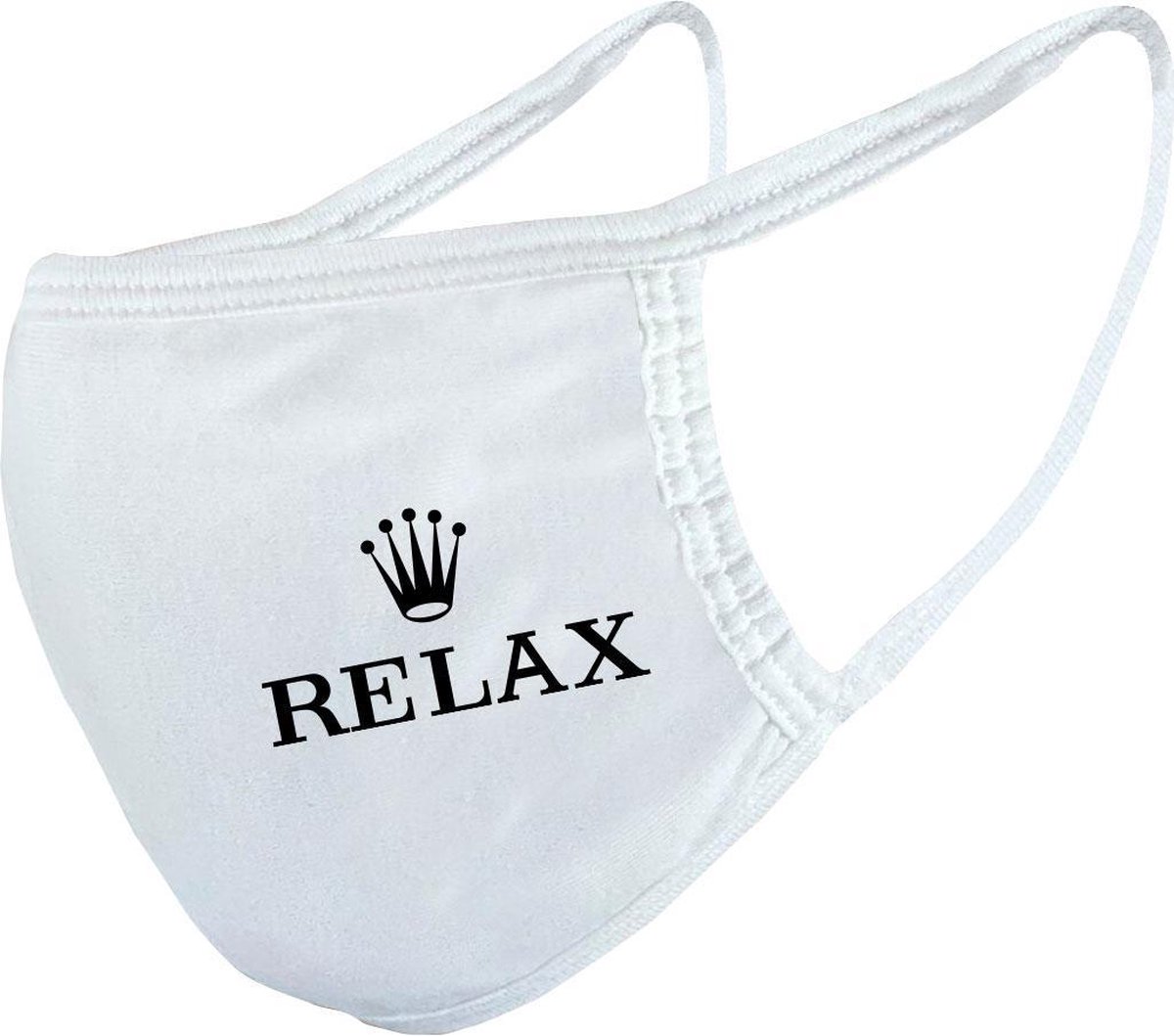 Grappig mondkapje | Relax logo | gezichtsmasker | bescherming | bedrukt | logo | Wit mondmasker van katoen, uitwasbaar & herbruikbaar. Geschikt voor OV