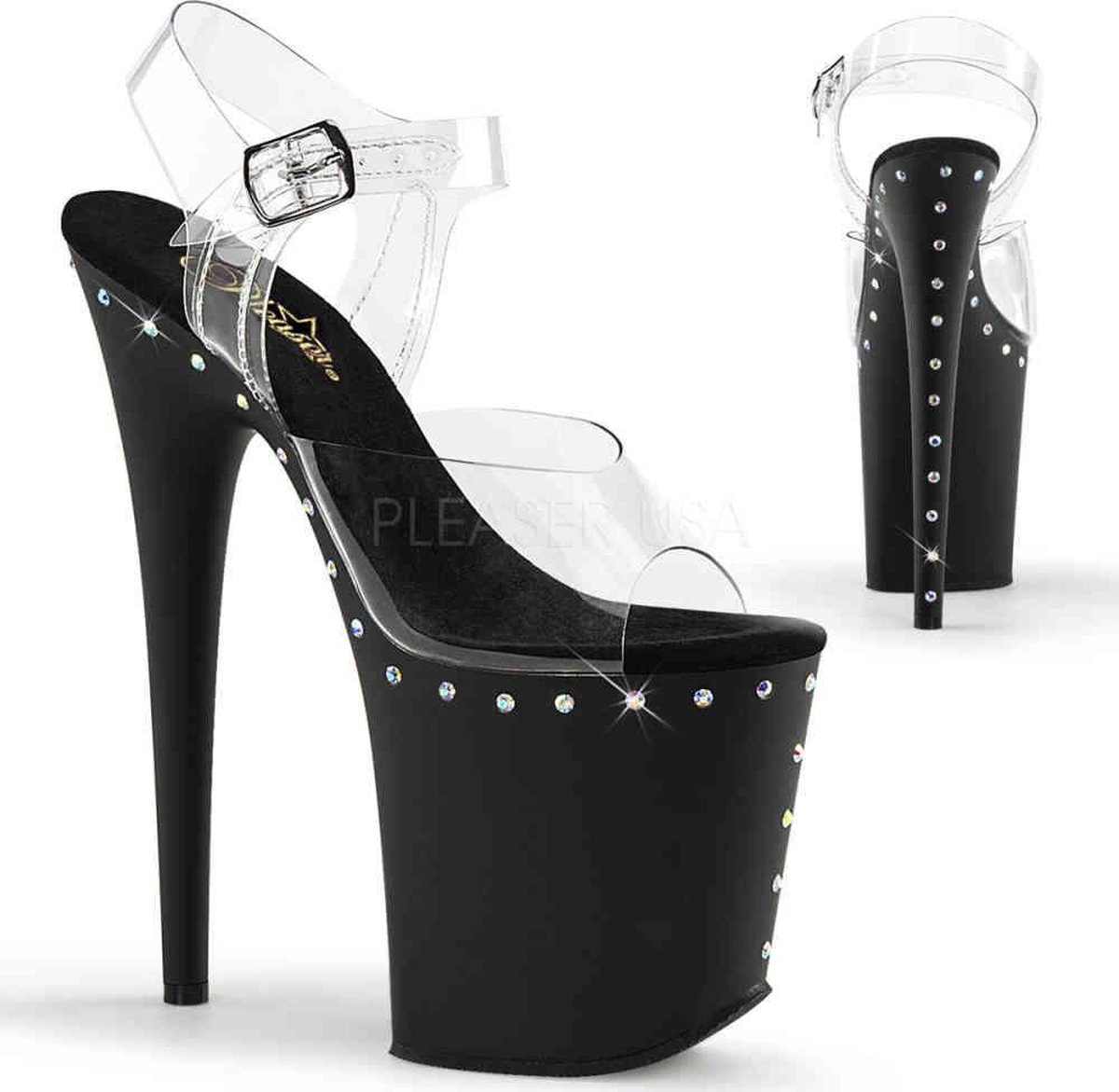 Pleaser - FLAMINGO808ABLS Sandaal met enkelband, Paaldans schoenen - Paaldans schoenen - 35 Shoes - Zwart/Transparant