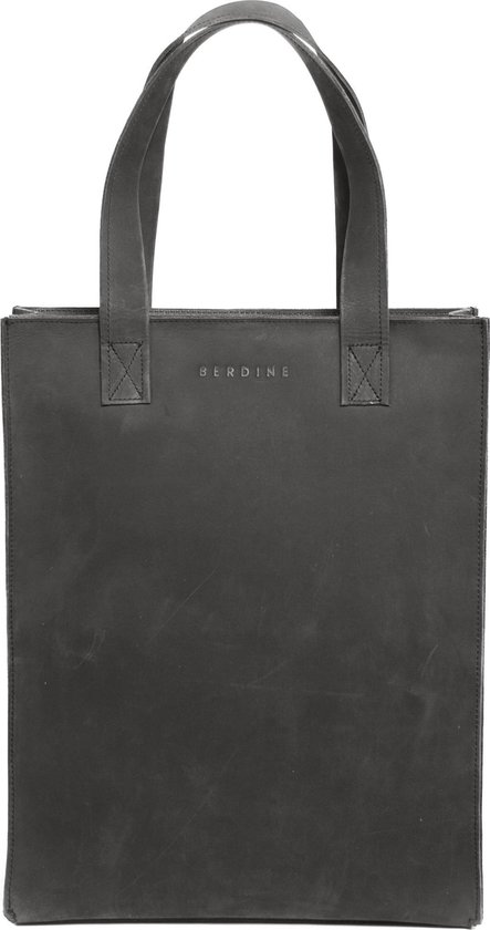 BERDINE | Leren shopper | off-zwart, antraciet | handtas, schoudertas van buffelleer met rits en binnenvak - modern, stoer, minimalistisch, esthetisch, elegant, eenvoudig