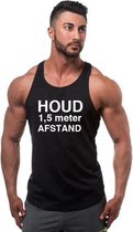 Zwarte Tanktop sportshirt Size M met Witte tekst “ Houd 1,5 meter Afstand “