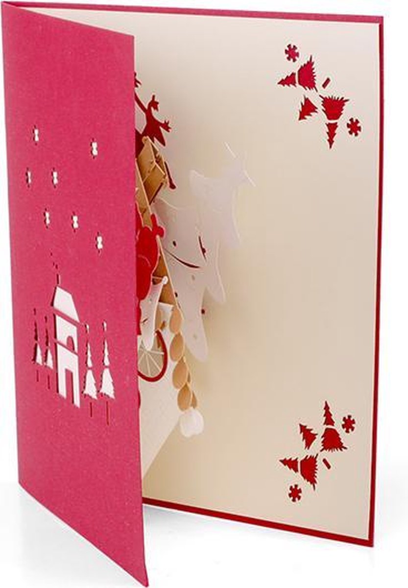 Kerstkaart met sneeuwpop en bakstenen huis pop up wenskaart