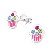 Oorbellen meisje | Kinderoorbellen meisje zilver | Zilveren oorstekers, cupcakes, roze met kristallen | WeLoveSilver