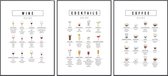 Décoration de Cuisine - Affiches de Cuisine - 3 pièces 30x40 cm - Guide des Café, vins et cocktails