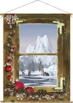 Kerst Doek - 60x80 Cm - Doorkijk Houten Raam - Iglo Met Pinguins - Textiel Poster - Decoratie - Winter Poster - Kerst Decoratie - Kerstversiering