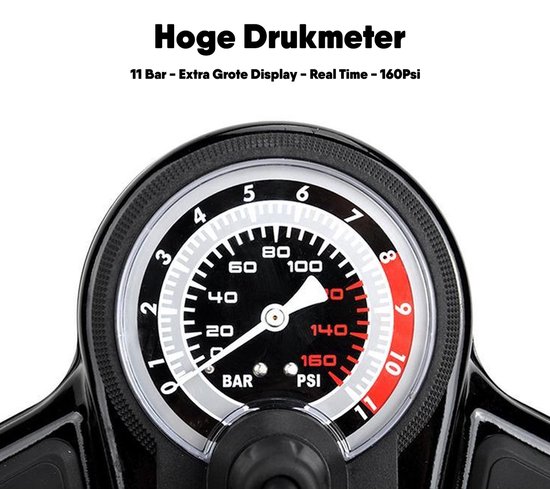 Matzwarte Fietspomp met Drukmeter én Extra Ventielen - Multifunctioneel Mondstuk – Schrader en Presta – Aluminium Lichtgewicht Vloerpomp – Ballenpomp/ Scooterpomp/ Autobandenpomp