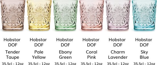 Zes gekleurde Hobstar glazen: Tender Taupe, Pale Yellow, Ebony Green, Coral Pink, Charm Lavender, Sky Blue.