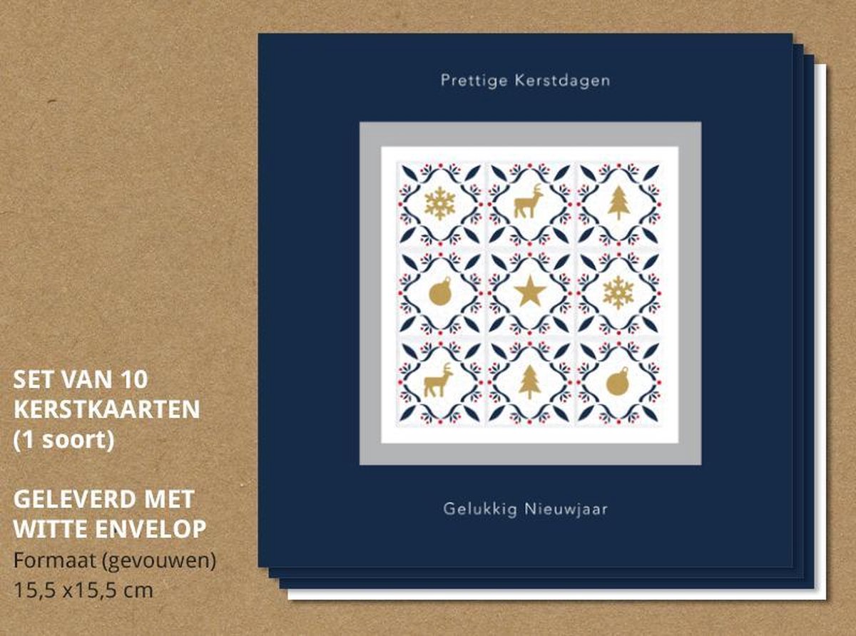 Luxe kerstkaarten met enveloppen, Kerst icoontjes in goud - 10 stuks