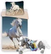 Paarden dekbedovertrek set 140 x 200 cm, incl. paarden speelgoed knuffel grijs/wit met verzorging speelgoed set, knuffel wortel, borstel, 60 cm, kinderen slaapkamer eenpersoons dekbedovertrek