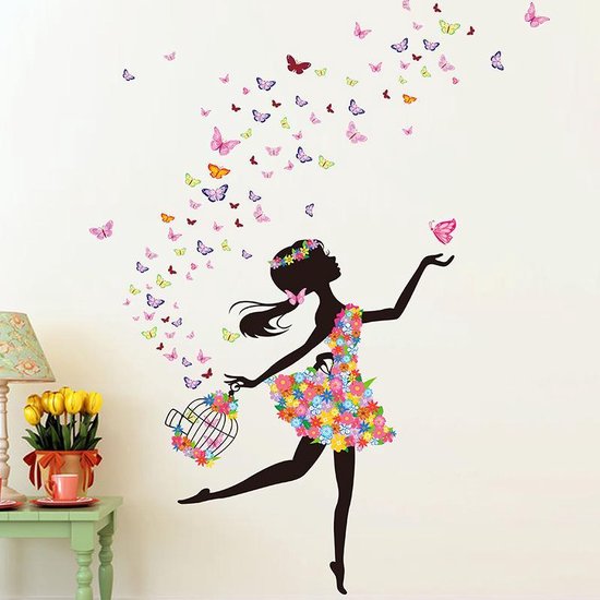 Muursticker dansend Meisje met Vlinders | Love | Wanddecoratie |  Muurdecoratie |... | bol.com