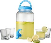 5 delige drank dispenser set - Glazen drankdispenser incl. 4 glazen - Bardispenser - Limonadedispenser