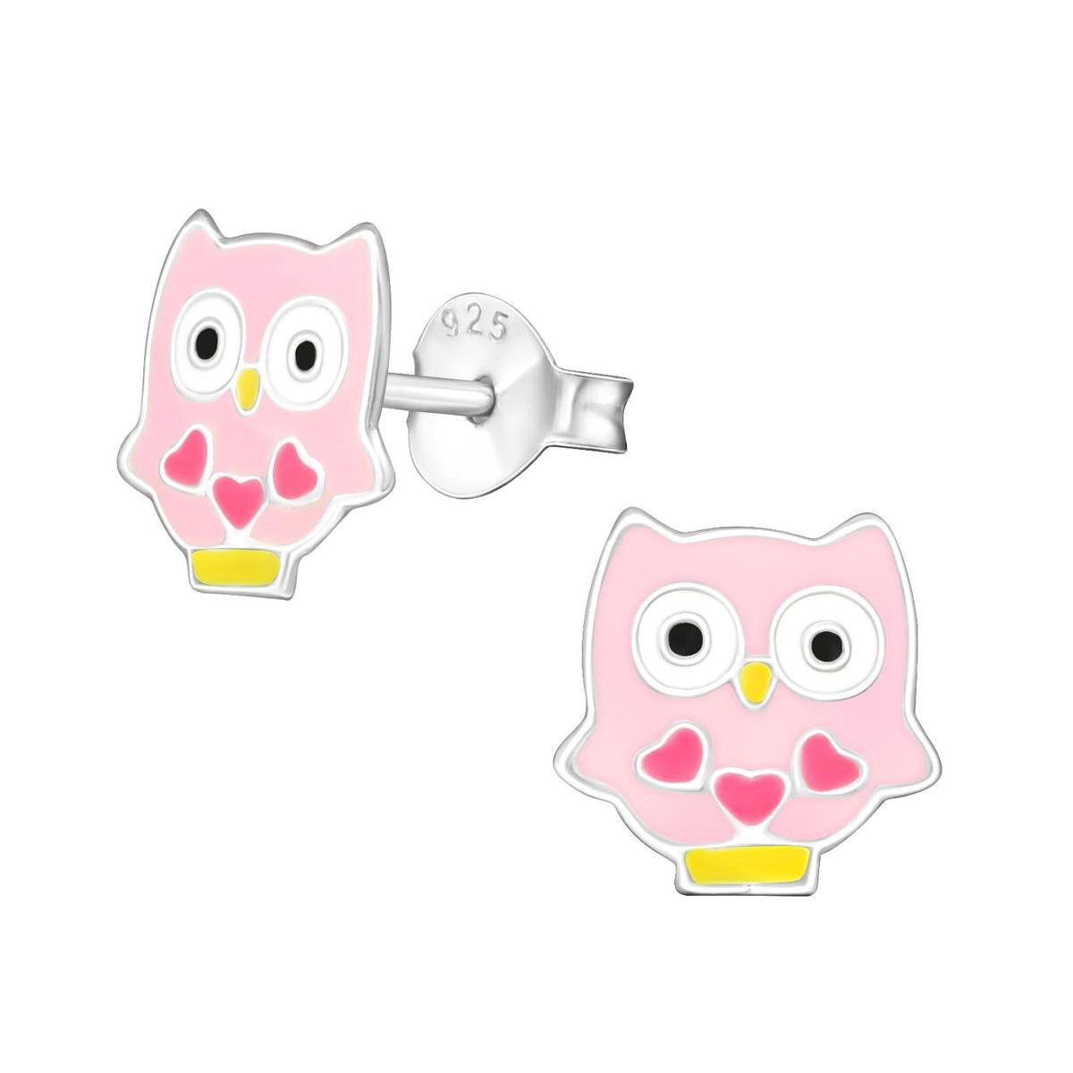WeLoveSilver - Kinderoorbellen zilver - Uil design - Roze hartjes