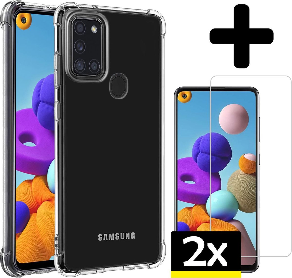 Hoesje - Met Screenprotector - 2 Stuks - Geschikt voor Samsung Galaxy A21s - Sterk & Shockproof - Siliconen Case - Back Cover - Telefoon Hoes - Shock Proof - Telefoonhoesjes - Transparant