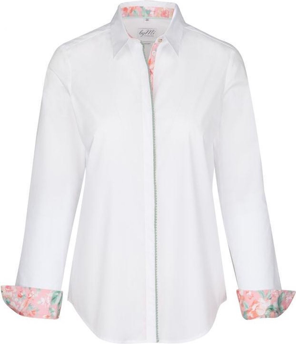 Dames blouse wit met roze bloemenprint goudtoon knopen volwassen lange mouw katoen luxe chic maat 40