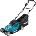 Turquoise en zwarte Makita grasmaaier met 36V batterij indicator, 380mm snijbreedte.