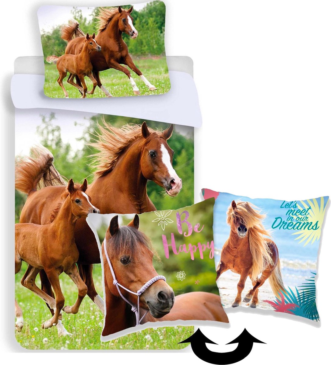 Paarden dekbedovertrek set 140 x 200 cm, incl. 2 in 1 paarden