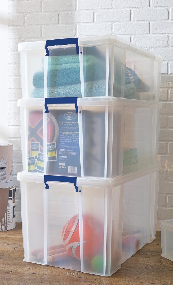 Bankers Box opbergdoos 36 liter | transparant met blauwe handvaten | set van 3 stuks verpakt in karton