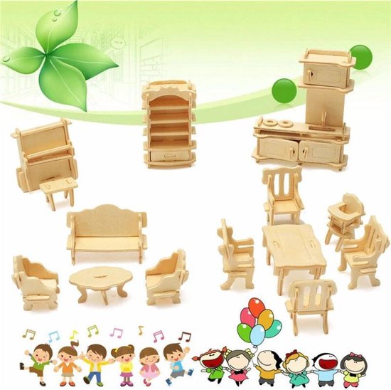 handleiding geloof Donker worden 34 stuks 3D Houten Miniatuur poppenhuis meubels | bol.com