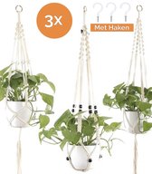 Macrame Plantenhanger - Set 3 Stuks - Voor Binnen en Buiten - Bohemian Decoratie - Decoratie Woonkamer - Inclusief Plantenhaken