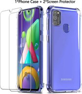 Telefoonhoesje Geschikt voor: Samsung Galaxy M21 Hoesje - Anti Shock Hybrid Case & 2X Tempered Glas Combi - Transparant