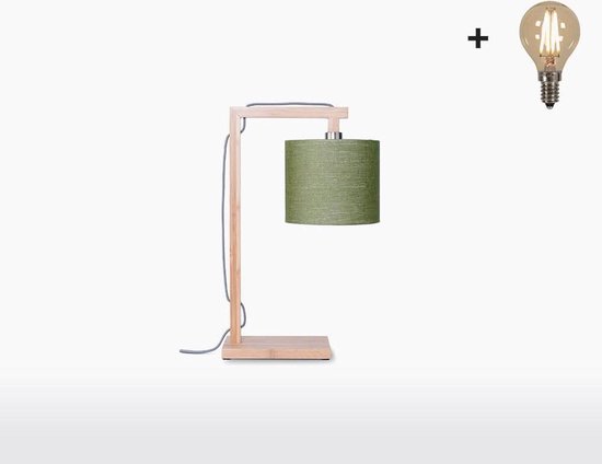 Tafellamp – HIMALAYA – Naturel Bamboe - Groen Linnen - Small (18x15cm) - Met LED-lamp