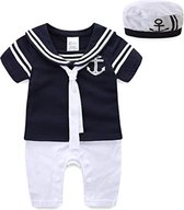 Set van 2 Baby Boy Romper Marine Jumpsuit Sailor One-Piece with hat, Sailor Bodysuit, Marine Onesie met hoed, Kleding set, 9-12 maanden zwart