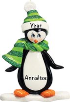 Personaliserbare kerstversiering / ornament voor in kerstboom | pinguïn met muts en sneeuw | personaliseerbaar kerstcadeau | kerstgeschenk met naam