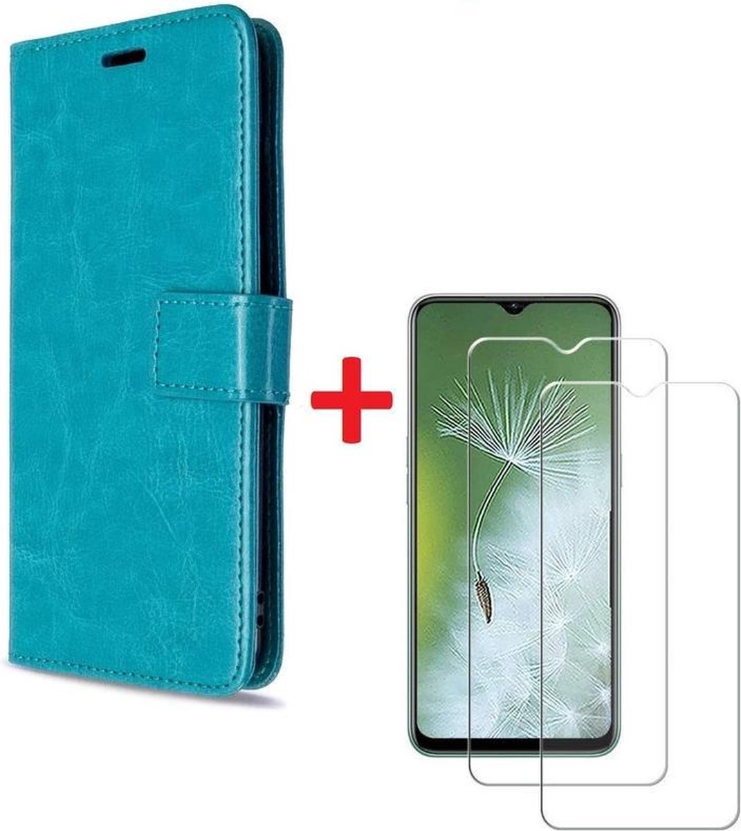 Oppo A31 hoesje book case turquoise met tempered glas screen Protector