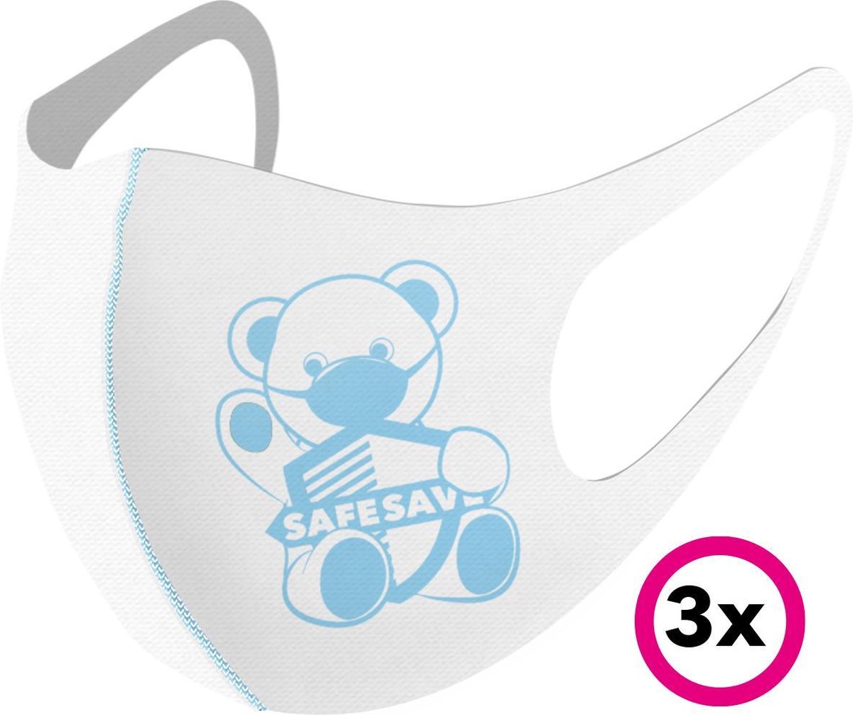 SAFESAVE niet medisch Kinder Mondkapje met modieuze blauw wit beer print-Herbruikbaar en Wasbaar ademend duurzaam neopreen stoffen mondkapjes- mondmasker voor kinderen jongens/meisjes 4 tot 6/7 jaar-3 stuks child face mask