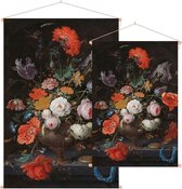 Stilleven met bloemen en een horloge, Abraham Mignon - Foto op Textielposter - 60 x 90 cm