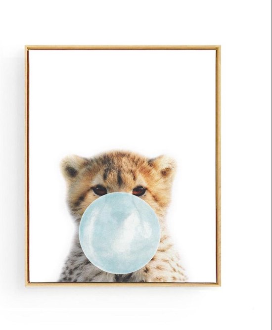 Postercity - Design Canvas Poster Baby Cheeta Blauwe Kauwgom / Kinderkamer / Dieren Poster / Babykamer - Kinderposter / Babyshower Cadeau / Muurdecoratie / 40 x 30cm / A3