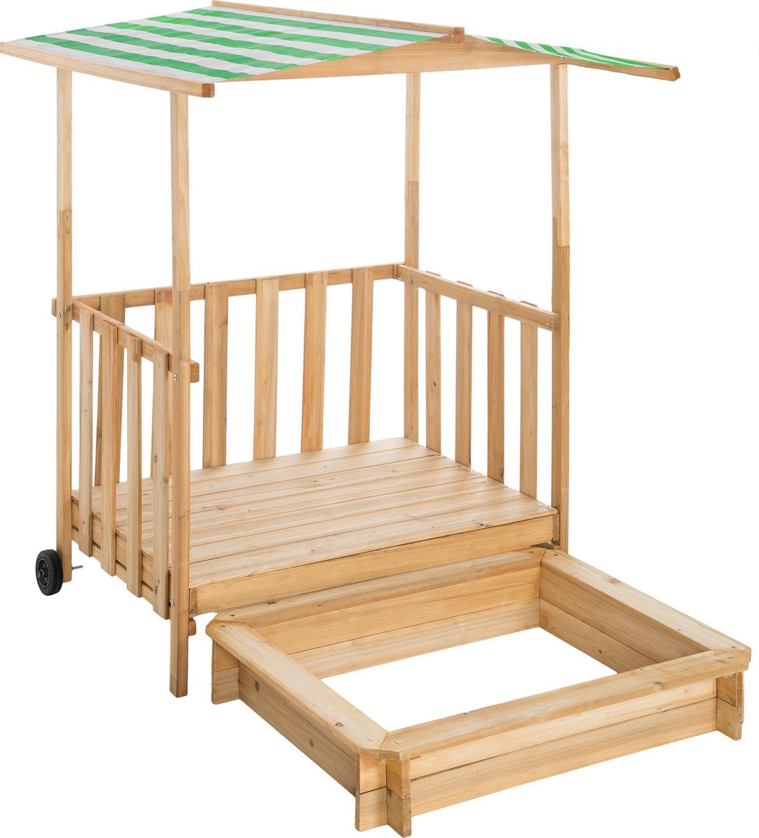 tectake® Zandbak met Dak - Houten Speelhuis met Veranda en Reling - Zandbak met Deksel en Zonwering - Diverse Kleuren - (Groen | Nr. 403240)