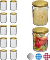 Relaxdays jampotjes set - inmaakpotten glas - bewaarpot - 380 ml - weckpot - jampot - goud
