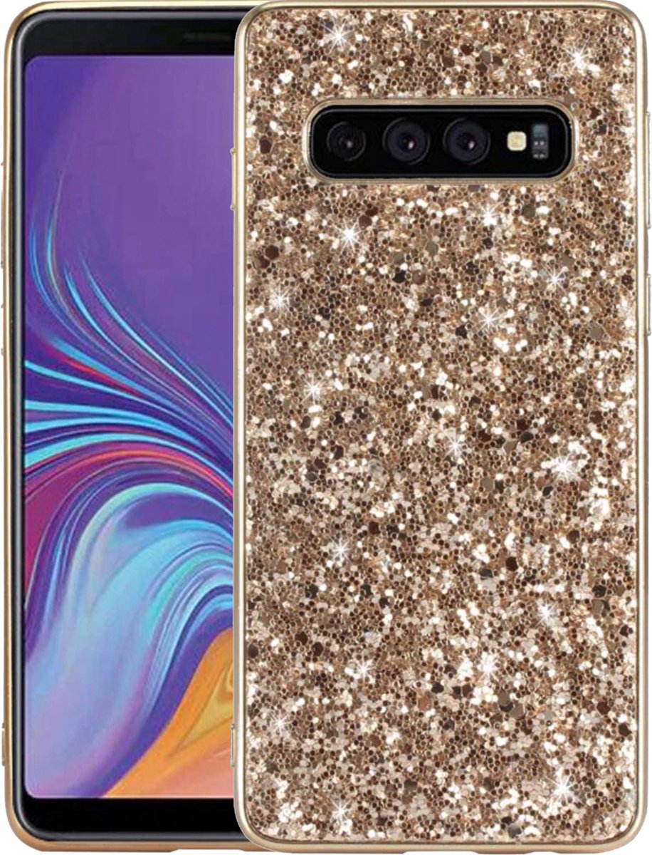 Geschikt voor Samsung Galaxy S10 Plus Backcover - Goud - Glitters - Hard PC Hoesje