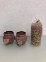 waxine lichthouders met decoratieve kaars in houder - set van 3 stuks