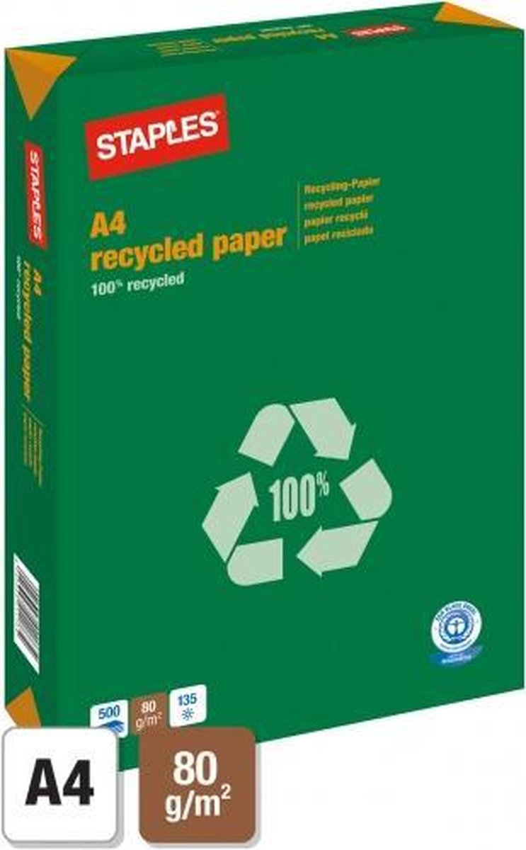 Staples Recycled papier - A4 - 80 g/m² - Pak 1 x 500 vel - Kopieerpapier -  Wit | bol.com