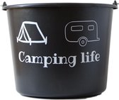 Cadeau emmer – 12 liter – zwart – met tekst: Camping life
