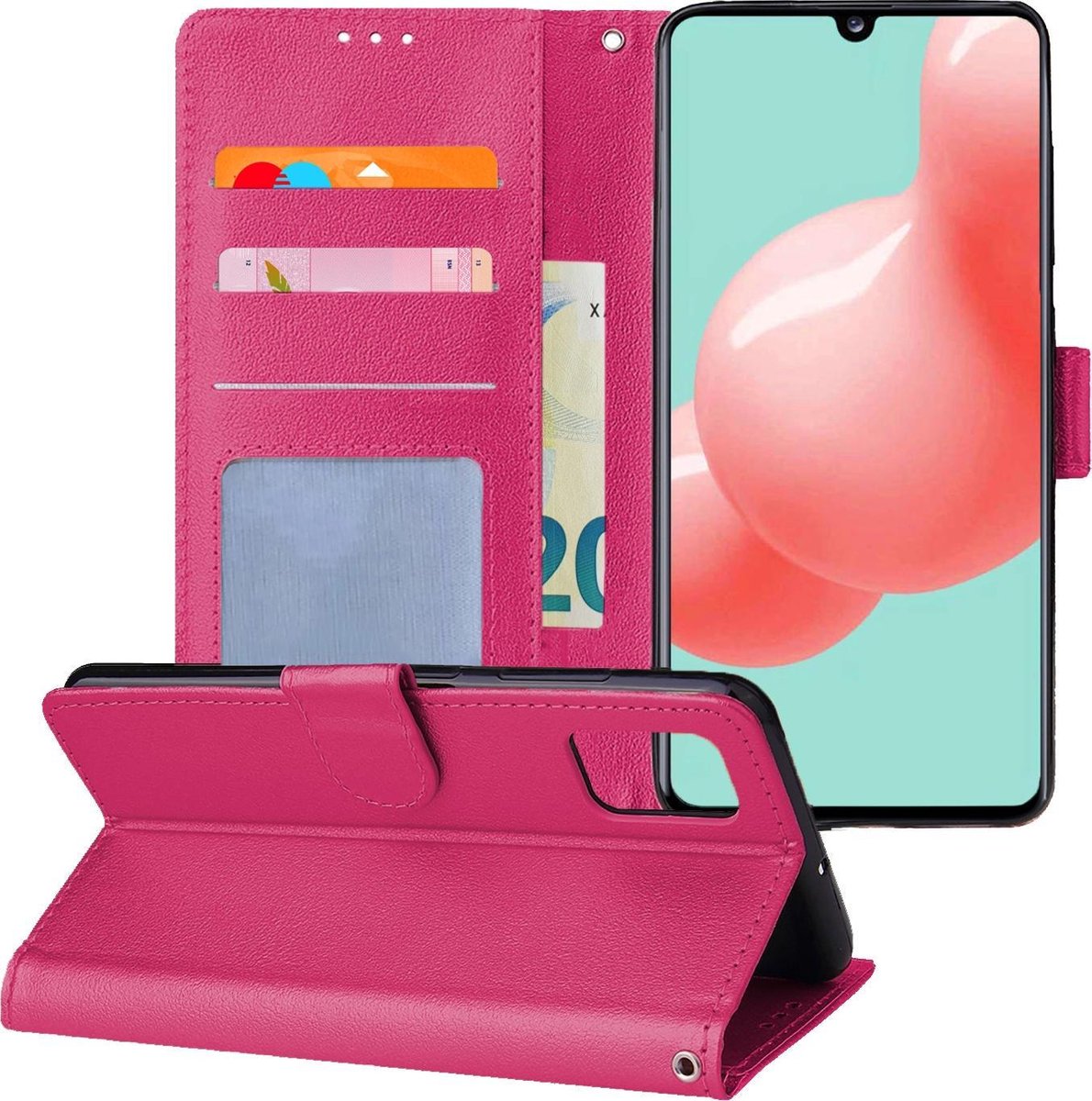 Hoesje - Met Pasjeshouder - Geschikt voor Samsung Galaxy A41 - Luxe Bookcase Portemonee - Flip Case - Kunstleer Book Case - Flipcase - Book Cover - Walletcase - Portemonneehoes - Telefoonhoesjes - Donkerroze
