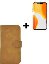 iPhone 12 Hoesje + iPhone 12 Screenprotector - iPhone 12 hoes Wallet Bookcase Bruin + Screenprotector