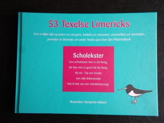 Boek "53 Texelse Limericks" met een illustratie van een vogel en een gedicht.