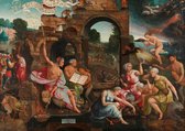 Jacob Cornelisz. van Oostsanen, Saul bij de heks van Endor 1526 op canvas, afmetingen van dit schilderij zijn 45x100 cm
